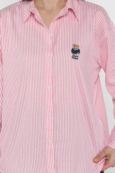 Pembe Kadın Nakışlı Çizgi Desenli Salaş Gömlek - 4