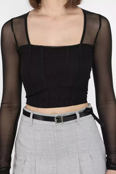 Siyah Kadın Kare Yaka Sırt Ve Kol Transparan Crop Top Bluz - 4