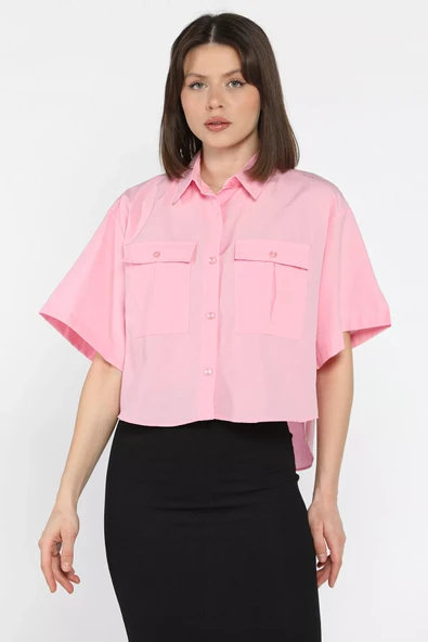 Pembe Kadın Çift Cepli Kısa Kol Gömlek - 2