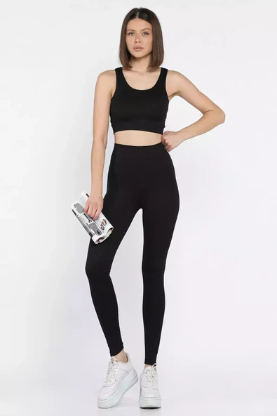 Siyah Kadın Kalın Askılı Fitilli Crop Yüksek Bel Sporcu Tayt İkili Takım - 2