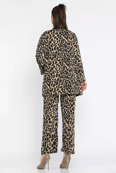 Leopar Desen Kadın Leopar Desenli Kimono Pantolon İkili Takım - 3