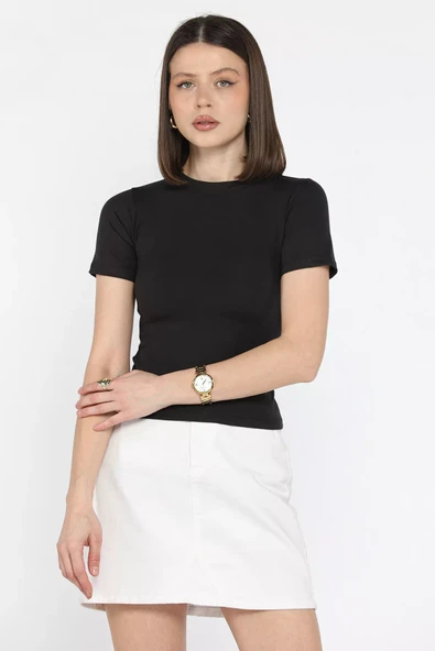 Siyah Kadın Bisiklet Yaka Likralı Modal Kumaş Crop Top Bluz - 2