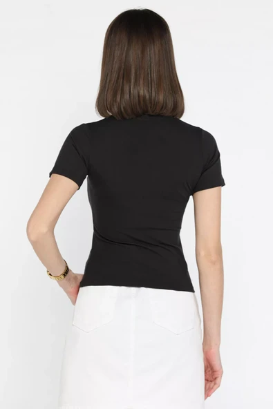 Siyah Kadın Bisiklet Yaka Likralı Modal Kumaş Crop Top Bluz - 4