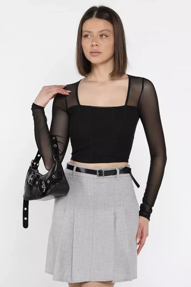 Siyah Kadın Kare Yaka Sırt Ve Kol Transparan Crop Top Bluz - 2