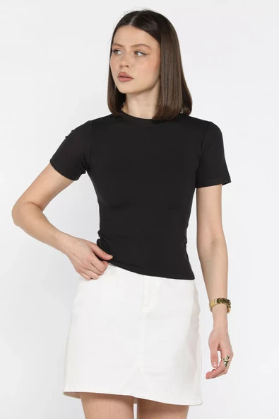 Siyah Kadın Bisiklet Yaka Likralı Modal Kumaş Crop Top Bluz - 1