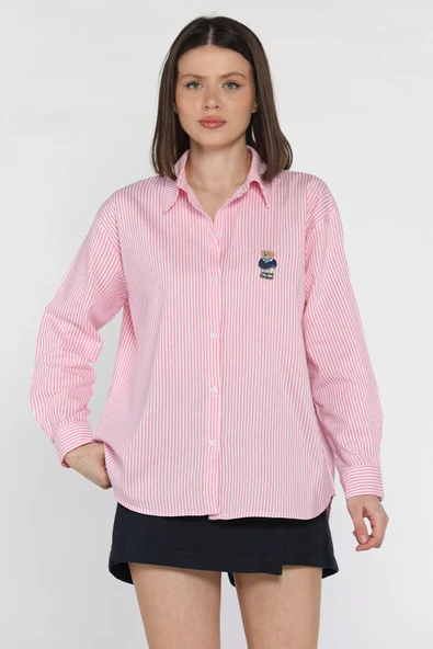 Pembe Kadın Nakışlı Çizgi Desenli Salaş Gömlek - 1