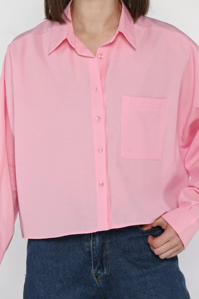 Pembe Kadın Tek Cepli Yarasa Kol Gömlek - 4