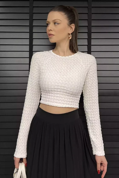 Krem Bel Lastikli Ve Bağlamalı Kadın Kabartma Desen Crop Top Bluz - 2