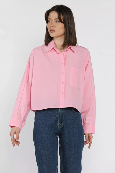 Pembe Kadın Tek Cepli Yarasa Kol Gömlek - 2