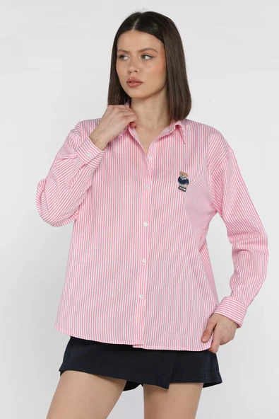 Pembe Kadın Nakışlı Çizgi Desenli Salaş Gömlek - 2