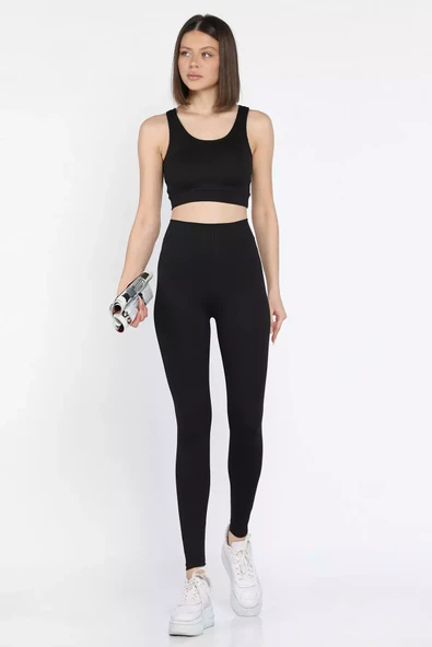 Siyah Kadın Kalın Askılı Fitilli Crop Yüksek Bel Sporcu Tayt İkili Takım - 1