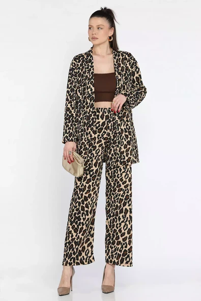 Leopar Desen Kadın Leopar Desenli Kimono Pantolon İkili Takım - 1