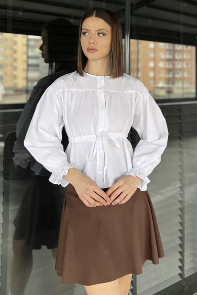 Beyaz Bel Bağlamalı Kol Lastikli Kadın Bisiklet Yaka Gömlek - 2