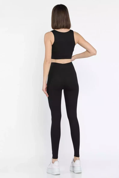 Siyah Kadın Kalın Askılı Fitilli Crop Yüksek Bel Sporcu Tayt İkili Takım - 3