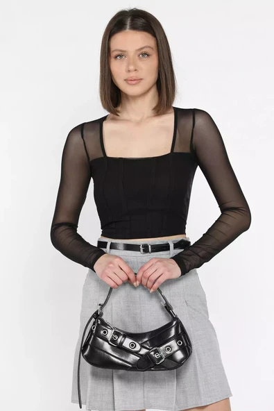 Siyah Kadın Kare Yaka Sırt Ve Kol Transparan Crop Top Bluz - 1
