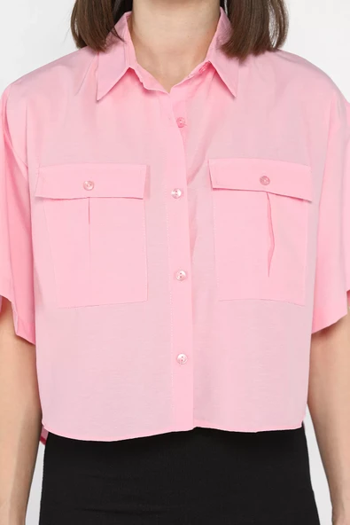 Pembe Kadın Çift Cepli Kısa Kol Gömlek - 4