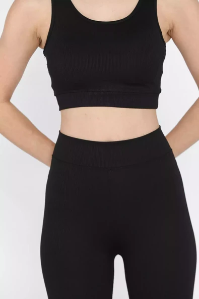 Siyah Kadın Kalın Askılı Fitilli Crop Yüksek Bel Sporcu Tayt İkili Takım - 4