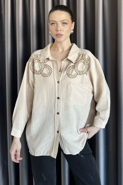 Taş Kadın Nakışlı Oversize Gömlek - 1