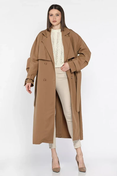Vizon Kadın Bel Kuşaklı Yırtmaçlı Oversize Trençkot - 2