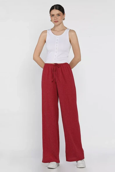 Bordo Kadın Bel Bağlamalı Likralı Kumaş Pantolon - 2