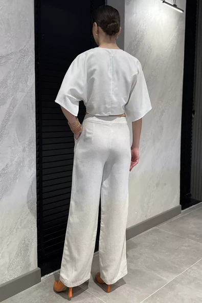 Taş Kadın Yüksek Bel Pileli Bol Paça Palazzo Keten Pantolon - 3
