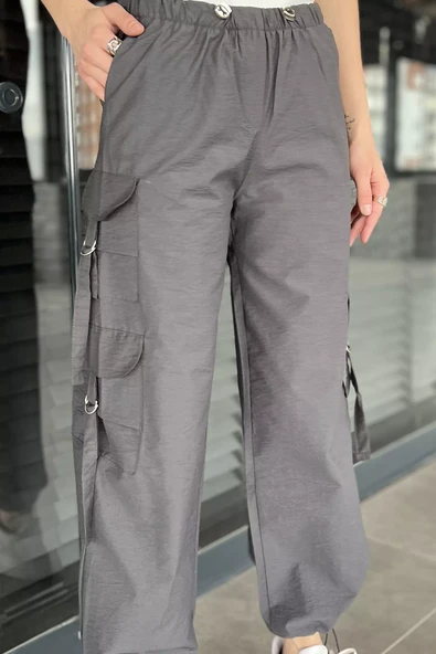 Füme Kadın Bel Lastikli Kargo Cepli Paraşüt Kumaş Pantolon - 3