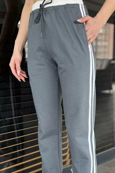 Füme Bel Ve Paça Lastikli Yan Şeritli Kadın Eşofman Altı - 4
