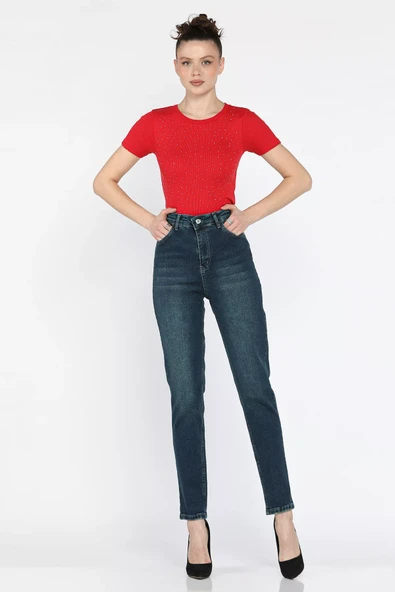 Lacivert Kadın Büyük Beden Likralı Mom Jean Kot Pantolon