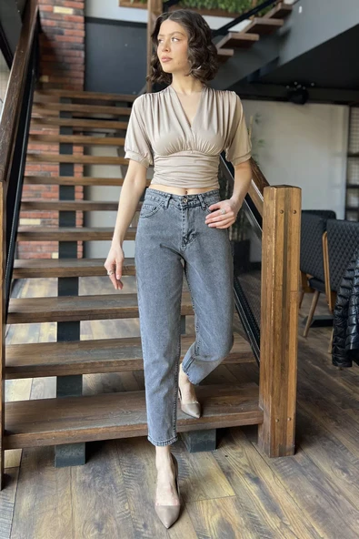 Antrasit Kadın Yüksek Bel Mom Jeans Kot Pantolon - 1