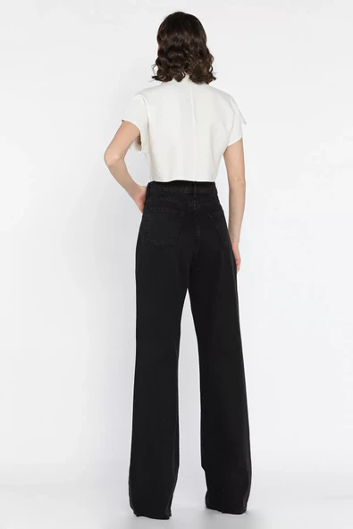Siyah Kadın Yüksek Bel Kalp Desenli Jean Kot Pantolon - 4