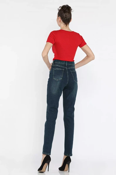 Lacivert Kadın Büyük Beden Likralı Mom Jean Kot Pantolon - 3