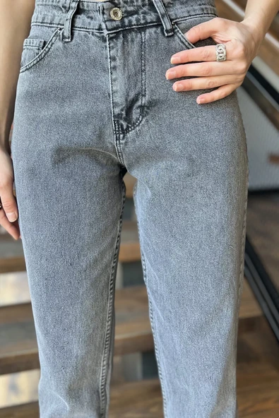 Antrasit Kadın Yüksek Bel Mom Jeans Kot Pantolon - 4