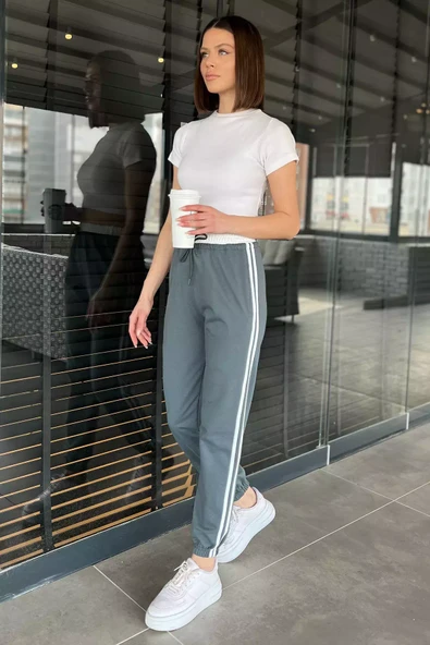 Füme Bel Ve Paça Lastikli Yan Şeritli Kadın Eşofman Altı - 1