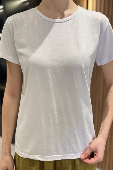 Beyaz Kadın Bisiklet Yaka Basic Tişört - 4