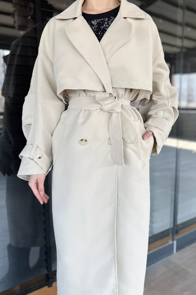 Taş Kadın Bel Kuşaklı Yırtmaçlı Oversize Trençkot - 3