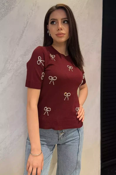 Bordo Taş Detaylı Bisiklet Yaka Kadın Kısa Kol Bluz - 2