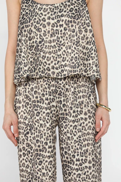 Leopar Desen Leopar Desenli İp Askılı Saten Bluz Pantolon İkili Takım - 4