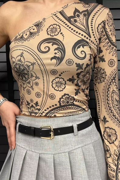 Bej Desenli Tek Kol Detaylı Kadın Croptop Bluz - 4