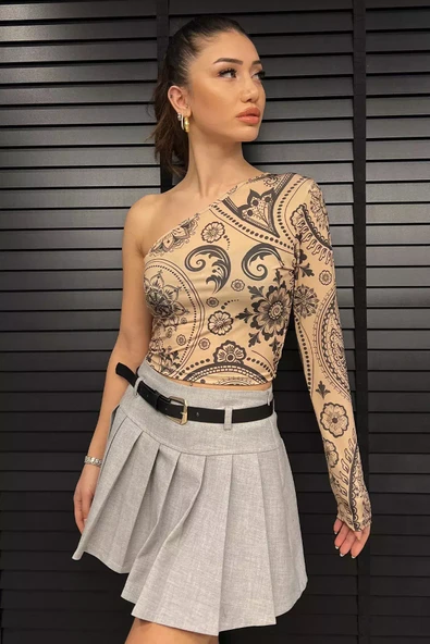 Bej Desenli Tek Kol Detaylı Kadın Croptop Bluz - 2