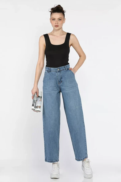 Açıkmavi Kadın Balon Mom Jean Kot Pantolon - 1