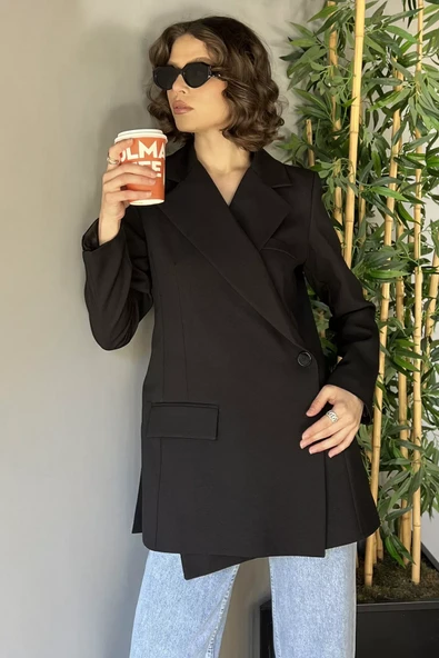 Siyah Yan Yırtmaçlı Astarlı Kadın Blazer Ceket - 1