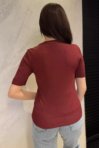Bordo Taş Detaylı Bisiklet Yaka Kadın Kısa Kol Bluz - 3