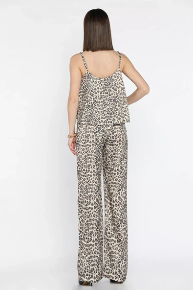 Leopar Desen Leopar Desenli İp Askılı Saten Bluz Pantolon İkili Takım - 3