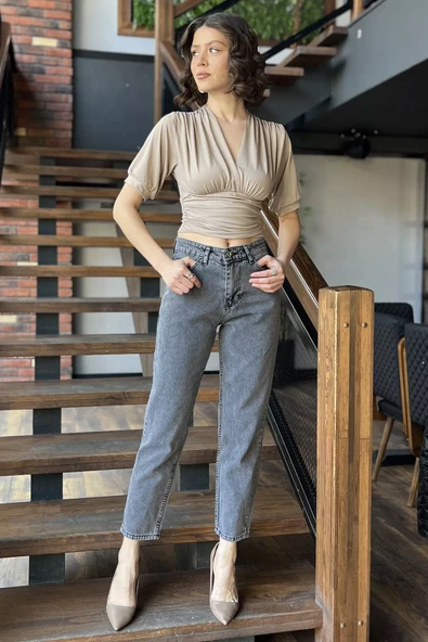 Antrasit Kadın Yüksek Bel Mom Jeans Kot Pantolon - 2