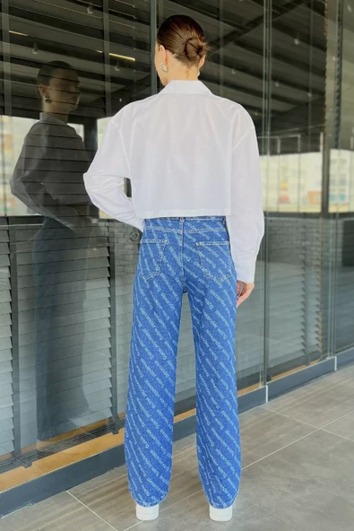 Lacivert Bol Paça Likralı Kadın Jean Kot Pantolon - 3