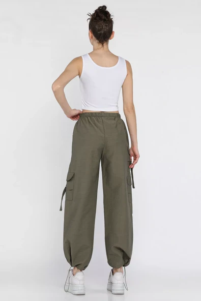 Haki Kadın Bel Lastikli Kargo Cepli Paraşüt Kumaş Pantolon - 3