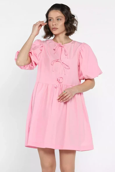 Pembe Kadın Ön Bağlamalı Prenses Kol Elbise - 2