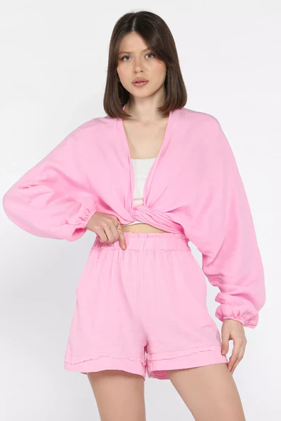 Pembe Kadın Keten Şort - 1
