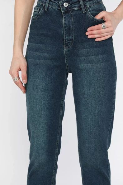 Lacivert Kadın Büyük Beden Likralı Mom Jean Kot Pantolon - 4