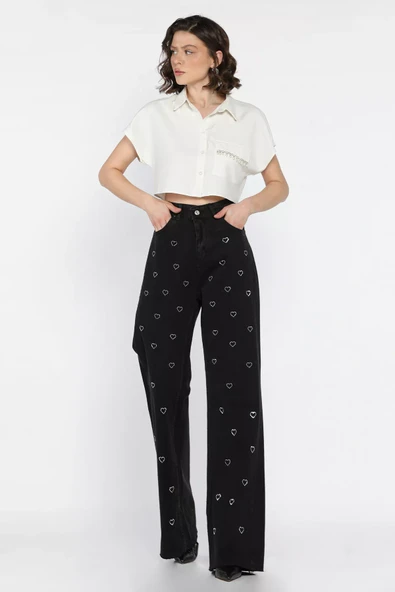 Siyah Kadın Yüksek Bel Kalp Desenli Jean Kot Pantolon - 2